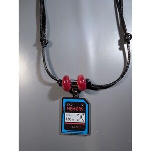 Sad Memory SD Card Pendant Necklace Adjustable Black Cord Red Beads Cyberpunk
